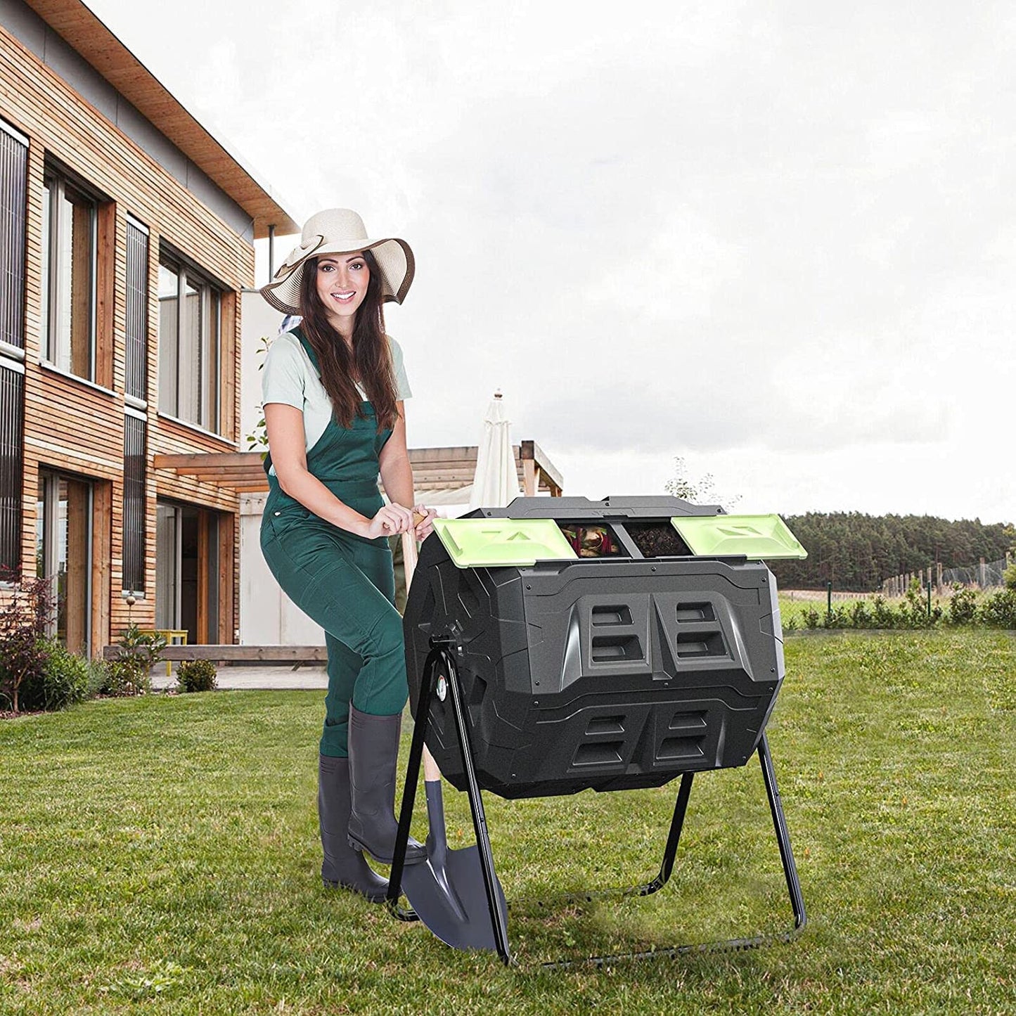 Large Compost Tumbler Bin Dual Compartment Better AirCirculation Efficient Compost BPA Free Sturdy Steel Frame 43Gallon (2 21.5Gal) Blue Door
