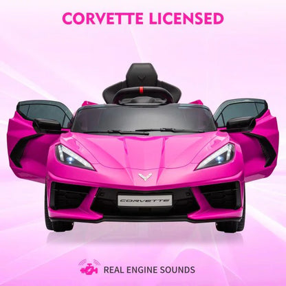 12V Kids Ride on Car Licensed Corvette Battery Powered Car Toddles Electric Sports Car Toy with Remote Control, Visual Dashboard, LED Lights, Music, Gifts for Boys Girls, Rose Red